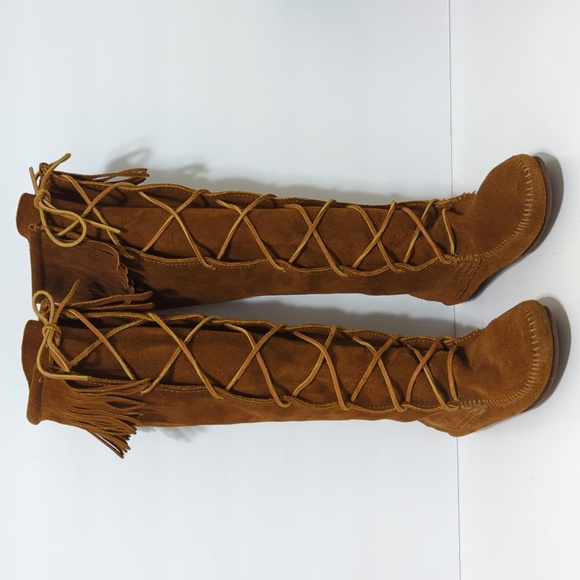 Minnetonka Tall Fringe front Lace suede Pocahontas boots womans size 7 - Picture 2 of 12